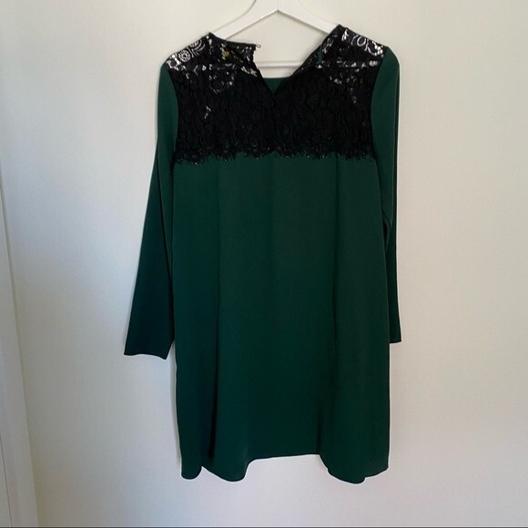 Cece by Cynthia Steffe Dress Forest Green Black Lace Trim Shift Long Sleeve Mini - Picture 7 of 8
